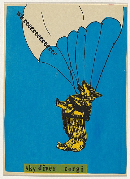 Artist: b'Megalo Screenprinting Collective.' | Title: b'Wheeeeeeeeeeeeee sky diver corgi' | Date: 1981 | Technique: b'screenprint, printed in colour, from four stencils'
