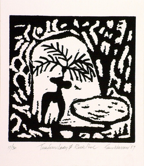 Artist: b'Warren, Guy.' | Title: b'Tree fern lady and rock pool.' | Date: 1987 | Technique: b'linocut, printed in black ink, from one block'