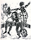 Artist: Scott, Mary. | Title: Greeting card: Performing clowns | Date: 1984 | Technique: linocut, printed in black ink, from one block