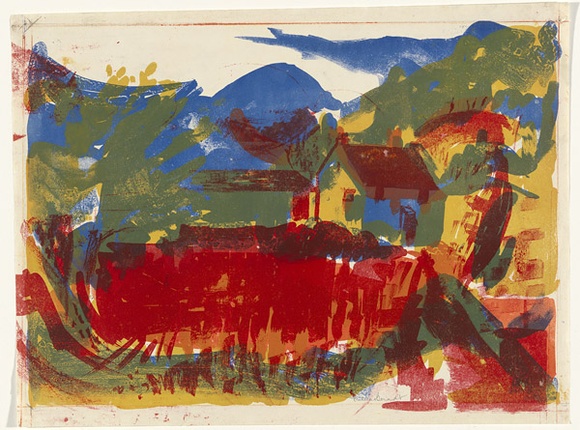 Artist: b'Berndt, Eileen.' | Title: b'(House in landscape).' | Date: c.1953 | Technique: b'lithograph, printed in colour, from four plates'