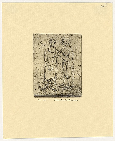 Artist: b'WILLIAMS, Fred' | Title: b'Two ladies' | Date: 1955-56 | Technique: b'etching and drypoint, printed in black ink, from one copper plate' | Copyright: b'\xc2\xa9 Fred Williams Estate'