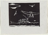 Title: b'Muttonbirding.' | Date: 1998 | Technique: b'linocut, printed in black ink, from one block'