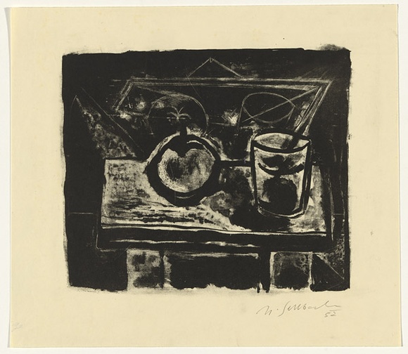 Artist: SELLBACH, Udo | Title: (An apple and glass on a table) | Date: 1952 | Technique: lithograph, printed in black ink, from one stone [or plate]