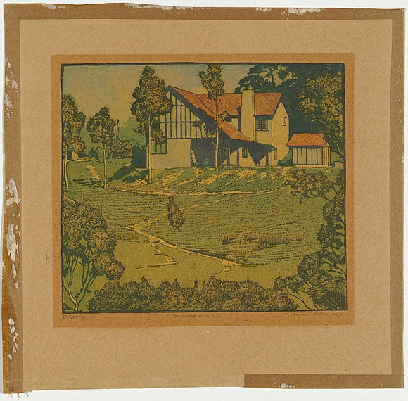 Artist: Waller, M. Napier. | Title: House on the hill. | Date: 1925 | Technique: linocut, printed in colour, from multiple blocks