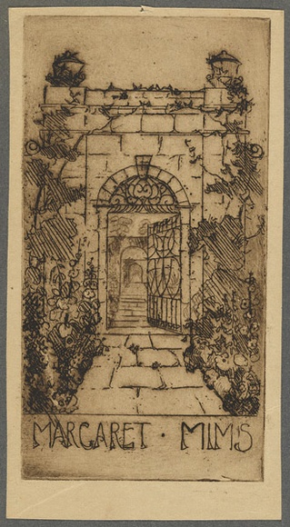 Artist: b'Coleman, Constance.' | Title: b'Bookplate: Margaret Mims.' | Date: 1940s | Technique: b'etching, printed in brown ink with plate-tone, from one plate'