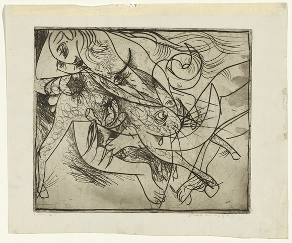 Artist: b'BOYD, Arthur' | Title: b'Nude and beast (Europa).' | Date: (1962-63) | Technique: b'drypoint, printed in black ink, from one plate' | Copyright: b'Reproduced with permission of Bundanon Trust'