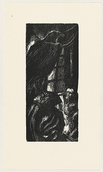 Artist: b'AMOR, Rick' | Title: b'not titled (large raven and cowering man 3).' | Date: (1990) | Technique: b'woodcut, printed in black ink, from one block'