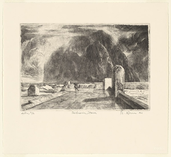 Artist: b'AMOR, Rick' | Title: b'Returning storm' | Date: 2001, July | Technique: b'etching, printed in black ink, from one plate' | Copyright: b'Image reproduced courtesy the artist and Niagara Galleries, Melbourne'