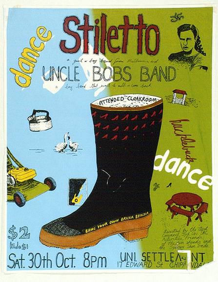 Artist: b'UNKNOWN' | Title: bStiletto, Uncle Bob's Band | Date: c.1975 | Technique: b'screenprint, printed in colour, from multiple stencils'