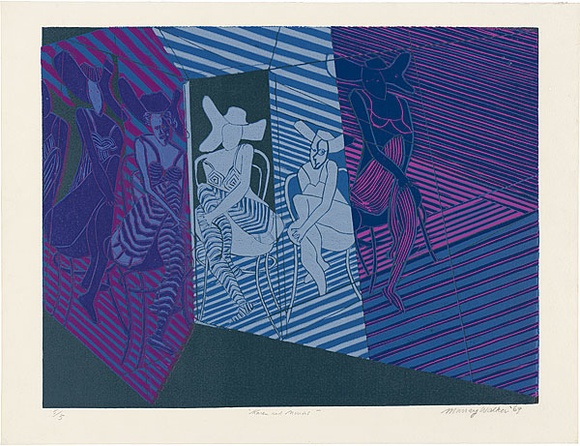 Artist: b'WALKER, Murray' | Title: b'Karen and mirrors.' | Date: 1969 | Technique: b'linocut, printed in colour, from multiple blocks'