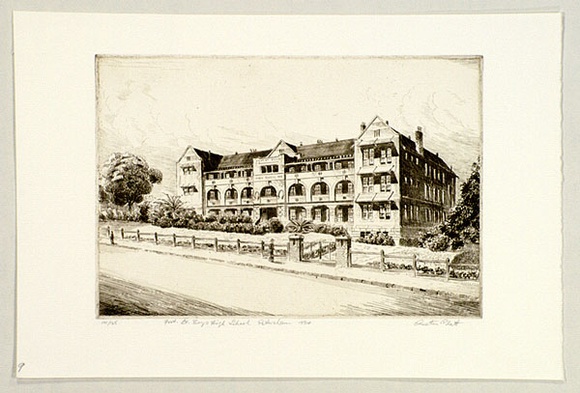 Artist: b'PLATT, Austin' | Title: b'Fort Street Boys High School, Petersham' | Date: 1934 | Technique: b'etching, printed in black ink, from one plate'