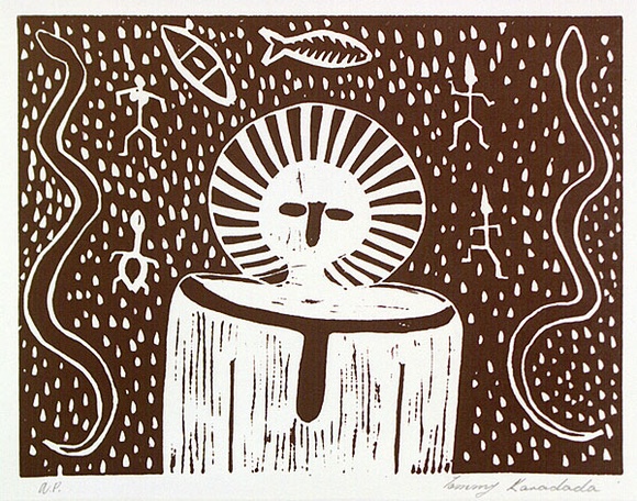 Artist: b'KARADADA, Tommy' | Title: b'(Wandjina)' | Date: 1986 | Technique: b'linocut, printed in brown ink, from one block'