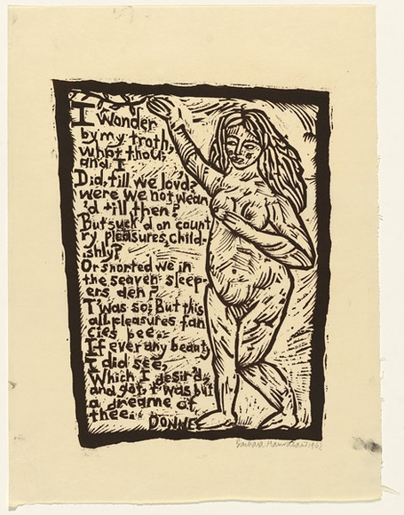 Artist: b'HANRAHAN, Barbara' | Title: b'I wonder by my troth, what thou and I did, till we lovd?' | Date: 1962 | Technique: b'linocut, printed in black ink, from one block'