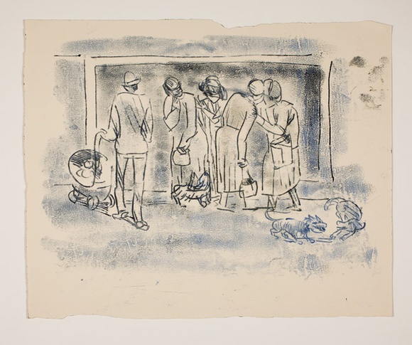 Artist: b'Hirschfeld Mack, Ludwig.' | Title: bnot titled [Street group of women, dogs and man with pram] [recto]; [Study for 'Street group of women, dogs and man with pram'] [verso] | Date: (1950-59?) | Technique: b'transfer print (recto)'