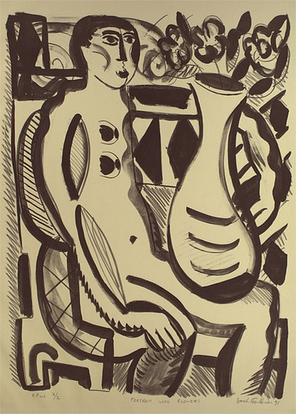 Artist: b'Faulkner, Sarah' | Title: b'Portrait with flowers' | Date: 1991 | Technique: b'lithograph, printed in black ink, from one stone'