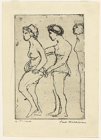 Artist: b'WILLIAMS, Fred' | Title: b'Chorus girls' | Date: 1955-56 | Technique: b'etching, aquatint and drypoint, printed in black ink, from one zinc plate' | Copyright: b'\xc2\xa9 Fred Williams Estate'