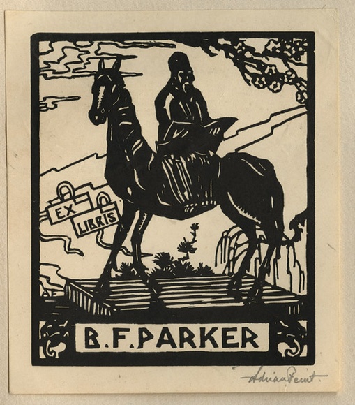 Artist: b'FEINT, Adrian' | Title: b'Bookplate: B F Parker.' | Date: (1926) | Technique: b'wood-engraving, printed in black ink, from one block' | Copyright: b'Courtesy the Estate of Adrian Feint'