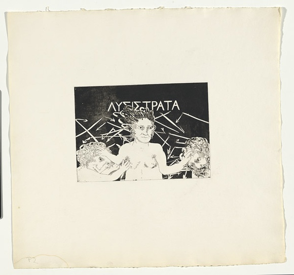 Artist: b'BOYD, Arthur' | Title: b'Title-page. Variant of number 1. Lysistrata between the Athenian and the Spartan.' | Date: (1970) | Technique: b'etching and aquatint, printed in black ink, from one plate' | Copyright: b'Reproduced with permission of Bundanon Trust'