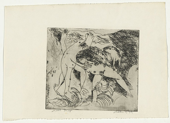 Artist: b'BOYD, Arthur' | Title: b'Figure in a river with beast and dog.' | Date: (1962-63) | Technique: b'etching and drypoint, printed in black ink, from one plate' | Copyright: b'Reproduced with permission of Bundanon Trust'