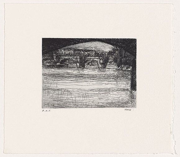 Artist: b'Pata, Daniel.' | Title: b'not titled [view of bridge, waterway and town from underneath a bridge].' | Date: 2002 | Technique: b'etching, printed in black ink with plate-tone, from one plate'
