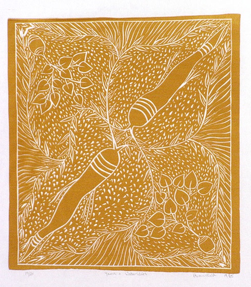 Artist: b'Marika, Banduk.' | Title: b'Yams and waterlilies' | Date: 1985 | Technique: b'linocut, printed in yellow ink, from one block'
