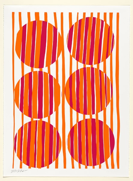 Artist: b'Harper, Melinda.' | Title: b'not titled [vertical pink and orange stripes with six circles].' | Date: 2003 | Technique: b'screenprint, printed in colour, from two stencils'