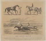 Artist: b'Mason, Walter George.' | Title: b'The grand match for the championship of the Australian colonies and two thousand pounds.' | Date: 1857 | Technique: b'wood engraving, printed in colour, from two blocks (black image and tint block)'