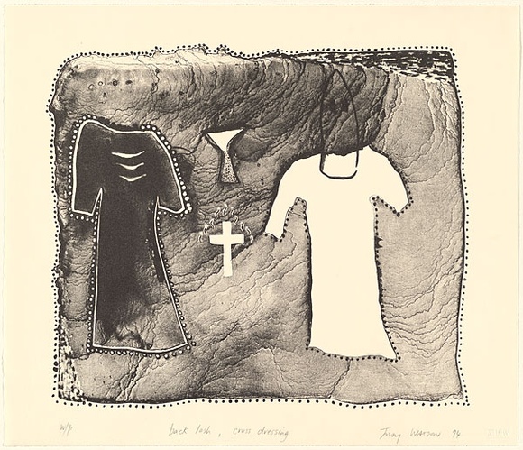 Artist: Watson, Judy. | Title: back lash, cross dressing | Date: 1994 - 1995 | Technique: lithograph, printed in black ink, from one stone | Copyright: © Judy Watson. Licensed by VISCOPY, Australia