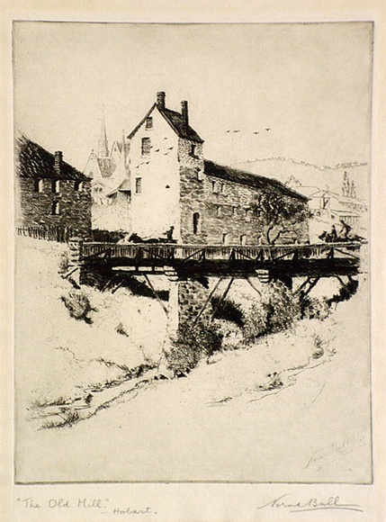 Artist: b'Bull, Norma C.' | Title: b'The old mill Hobart.' | Date: 1938 | Technique: b'etching and aquatint, printed in black ink, from one plate'