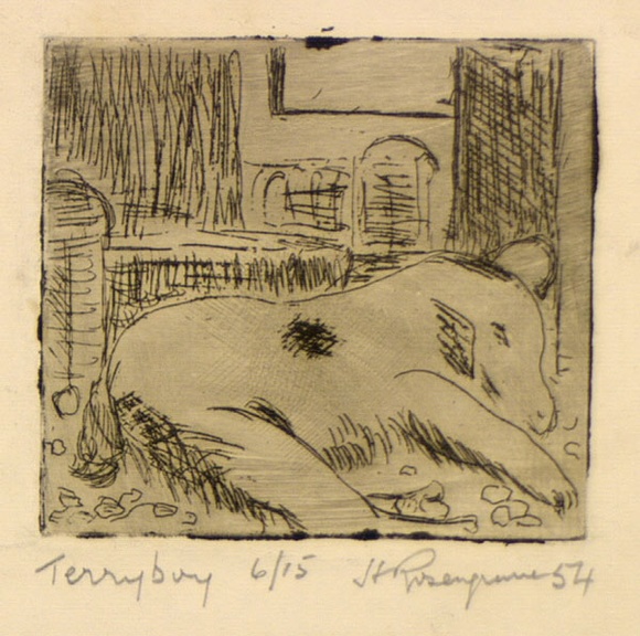 Artist: b'ROSENGRAVE, Harry' | Title: b'Terryboy' | Date: 1954 | Technique: b'etching, printed in black ink with plate-tone, from one plate'