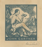 Artist: b'FEINT, Adrian' | Title: b'Bookplate: John Gartner.' | Date: (1938) | Technique: b'wood-engraving, printed in blue ink, from one block' | Copyright: b'Courtesy the Estate of Adrian Feint'