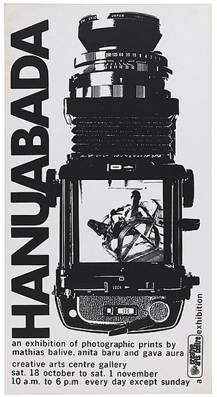 Artist: b'UNKNOWN ARTIST,' | Title: b'Hanuabada. An exhibition of photographic prints by Mathias Balive, Anita Baru and Gava Aura.' | Date: not dated | Technique: b'screenprint, printed in black ink, from one screen'