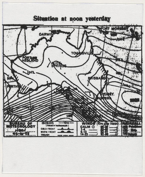 Artist: b'WORSTEAD, Paul' | Title: b'Situation at noon yesterday' | Date: 1989 | Technique: b'screenprint, printed in black ink, from one stencil' | Copyright: b'This work appears on screen courtesy of the artist'