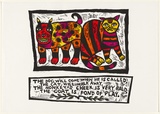 Artist: HANRAHAN, Barbara | Title: The dog, the cat | Date: 1962 | Technique: linocut, printed in black ink, from two blocks, hand-coloured