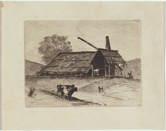 Artist: b'Hopkins, Livingston.' | Title: b'Cows with cat in front of old barn shed' | Date: 1891 | Technique: b'etching, printed in black ink, from one plate'