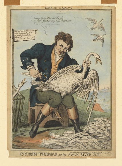 Title: b'Cousin Thomas, or the Swan River Job' | Date: 1829 | Technique: b'etching, printed in black ink, from one copper plate; hand-coloured'