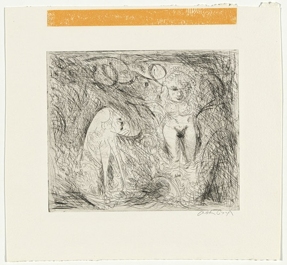 Artist: b'BOYD, Arthur' | Title: bNude walking in a creek with dog and ram's head. | Date: (1962-63) | Technique: b'etching and drypoint, printed in black ink, from one plate' | Copyright: b'Reproduced with permission of Bundanon Trust'