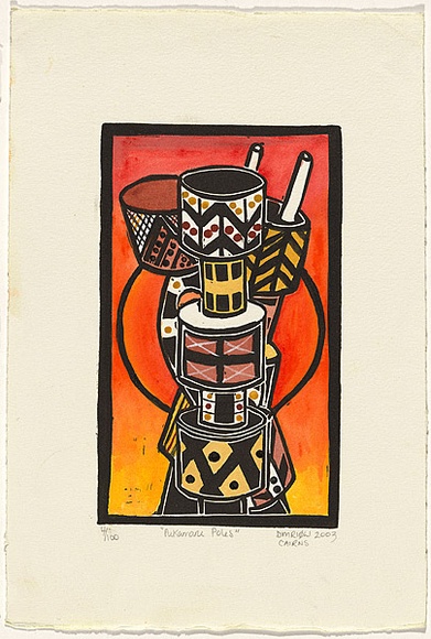 Title: b'Pukamani Poles' | Date: 2003 | Technique: b'linocut, printed in black ink, from one block; hand coloured'