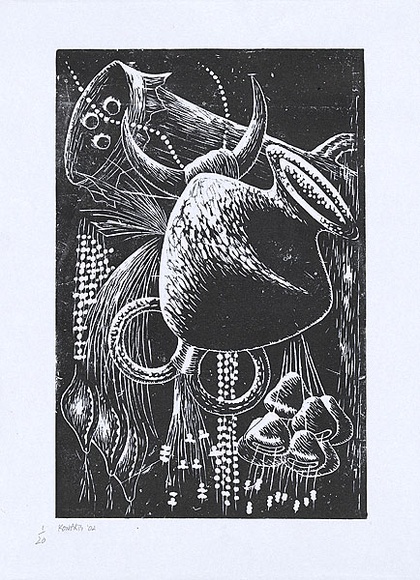 Artist: b'Bunam, Kona.' | Title: b'not titled [clay pot and drum].' | Date: 2002 | Technique: b'linocut, printed in black ink, from one block'