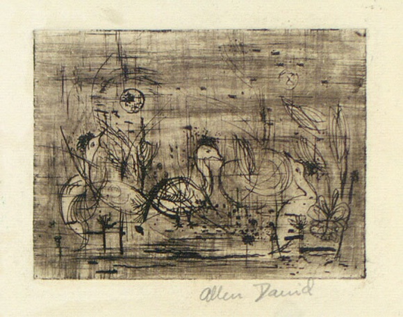 Artist: b'David, Allen.' | Title: b'(Birds among grasses).' | Date: (1955) | Technique: b'etching, printed in brown ink with plate-tone, from one plate'