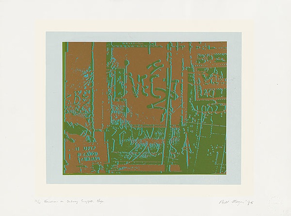 Artist: b'MEYER, Bill' | Title: b'Variations on subway graffiti, Vega.' | Date: 1975 | Technique: b'screenprint, printed in colour, from two open blockout screens and one photo indirect stencil' | Copyright: b'\xc2\xa9 Bill Meyer'