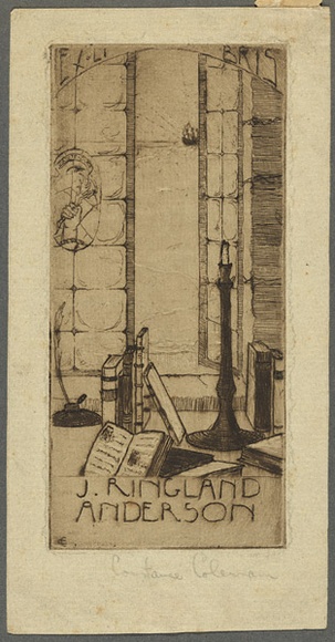 Artist: Coleman, Constance. | Title: Bookplate: J. Ringland Anderson. | Date: 1940s | Technique: etching and drypoint, printed in brown ink with plate-tone, from one plate