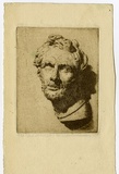 Artist: b'Farmer, John.' | Title: b'(Cast of a Roman head).' | Date: (1950s) | Technique: b'etching, printed in brown ink with plate-tone, from one plate'