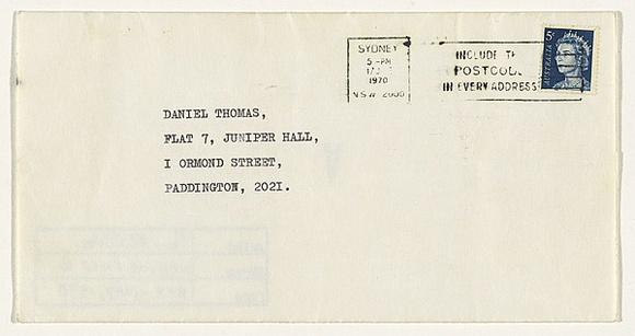 Artist: b'MILLISS, Ian' | Title: b'(Letter to Daniel Thomas containing Mailing piece B)' | Date: 1970 | Technique: b'envelope, addressed, stamped and franked; pen and ink'