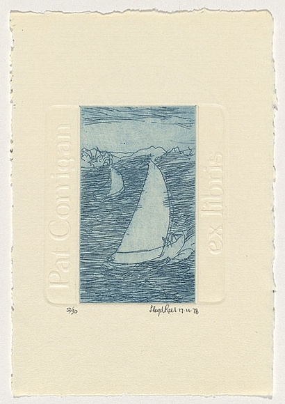 Artist: b'Rees, Lloyd.' | Title: b'Bookplate: Pat Corrigan' | Date: 1978 | Technique: b'etching, printed in blue ink with plate-tone, from one plate: embossing from two plates' | Copyright: b'\xc2\xa9 Alan and Jancis Rees'