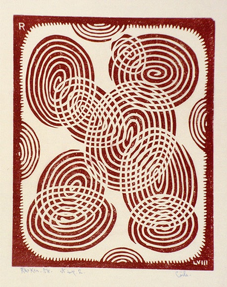 Artist: b'Hawkins, Weaver.' | Title: b'Coils 2' | Date: 1958 | Technique: b'linocut, printed in red ink, from one block' | Copyright: b'The Estate of H.F Weaver Hawkins'