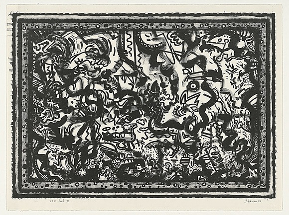 Artist: b'Paterson, Jim.' | Title: b'not titled [multiple figures and shapes enclosed in frame]' | Date: 1985 | Technique: b'lithograph, printed in black ink, from one stone'