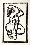 Artist: b'Stephen, Clive.' | Title: b'(Woman with hands on head)' | Date: c.1950 | Technique: b'linocut, printed in black ink, from one block'