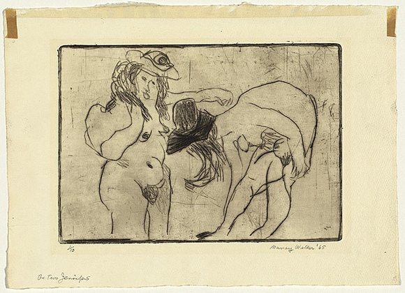 Artist: b'WALKER, Murray' | Title: b'The two Jennifers' | Date: 1965 | Technique: b'drypoint, printed in black ink, from one plate'