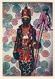 Artist: b'McDiarmid, David.' | Title: b'not titled [Afro-American with skull spear]: postcard from the series Urban Tribalwear.' | Date: (1980) | Technique: b'photocopy, printed in colour' | Copyright: b'Courtesy of copyright owner, Merlene Gibson (sister)'